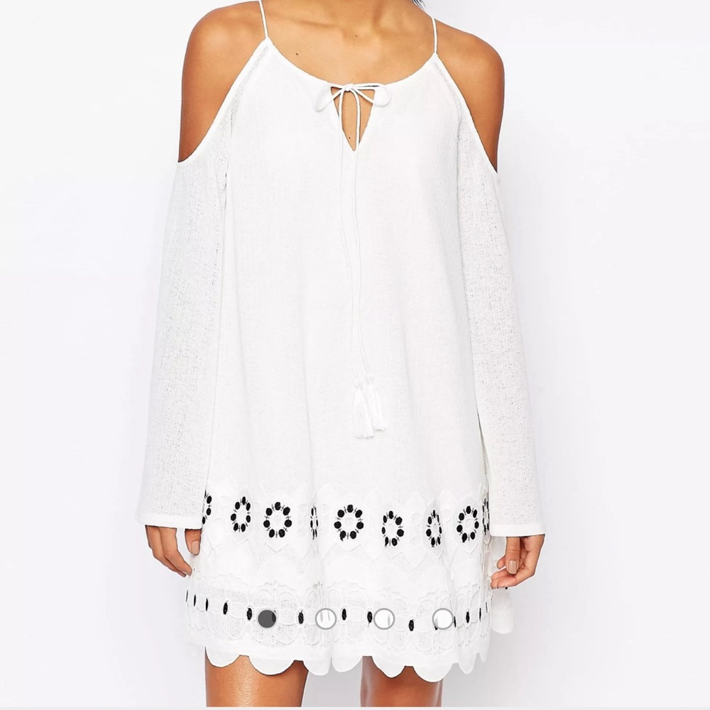 Moon River Open Shoulder Dress with Scalloped Trim